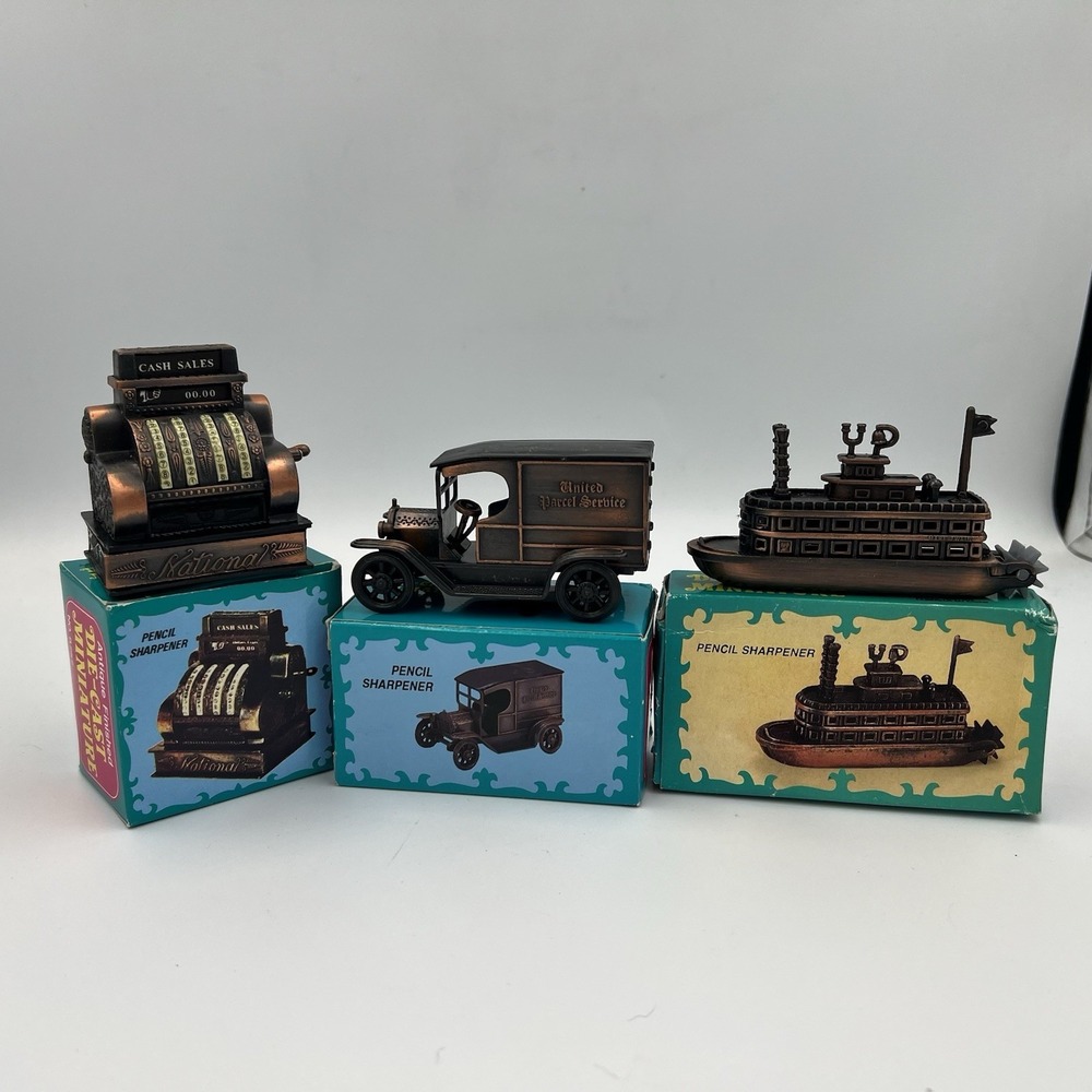 VTG Die-Cast Mini Pencil Sharpeners LOT of 3 Cash Register, Steamboat, Car